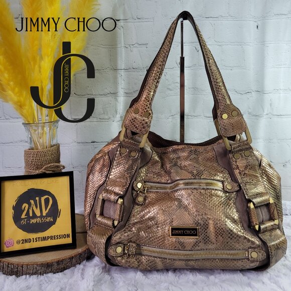 JIMMY CHOO Mahala Bowler Tote Gold Phyton Print Shoulder Bag - Picture 1 of 16